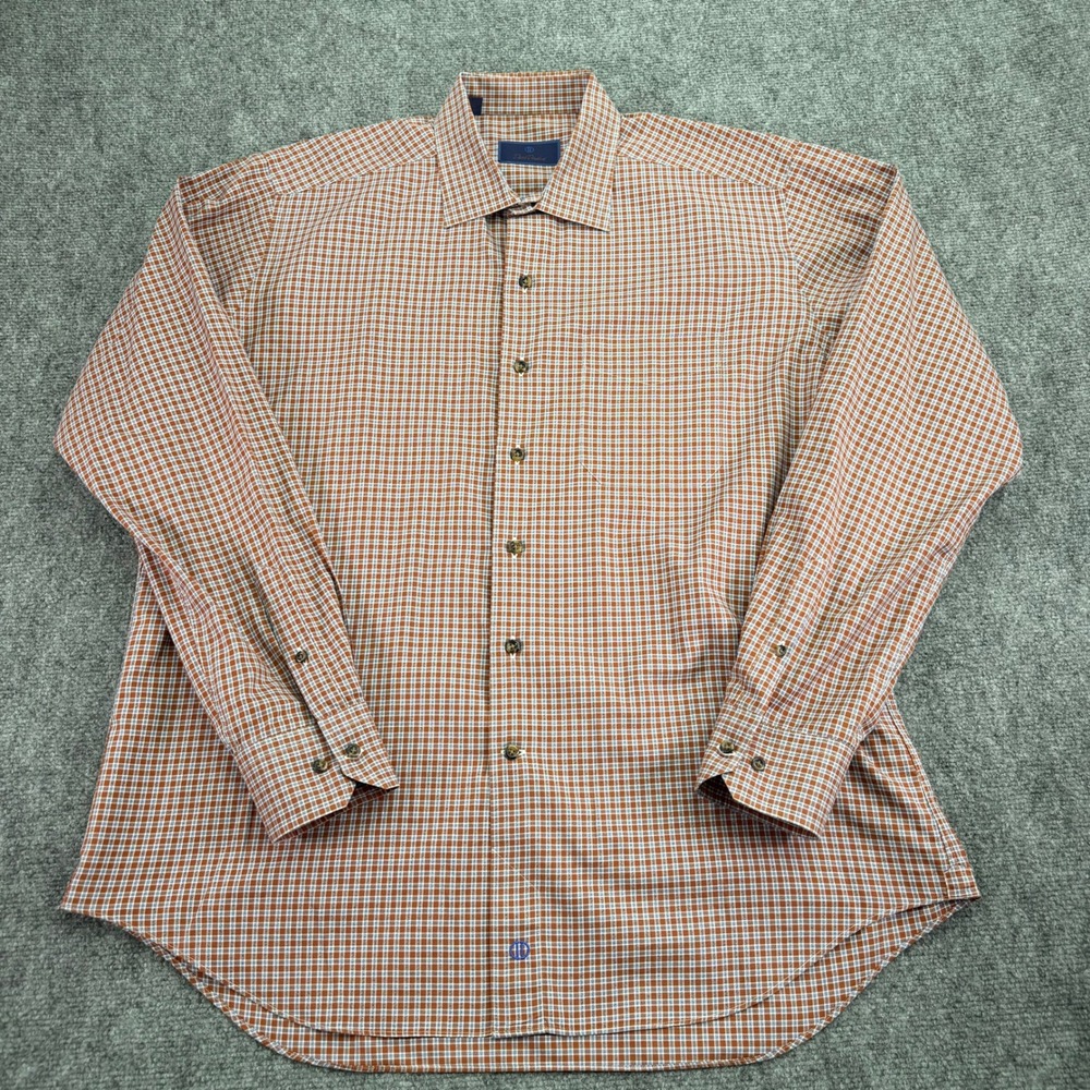 David Donahue Shirt Mens XL Orange Blue Plaid Cotton Long Sleeve Button Up - Picture 5 of 15